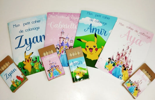 Cahier de coloriage A4 avec ses crayons de couleurs personnalisé Mariage, Baptême, Gender-reveal, cadeaux enfant.... Thèmes au choix